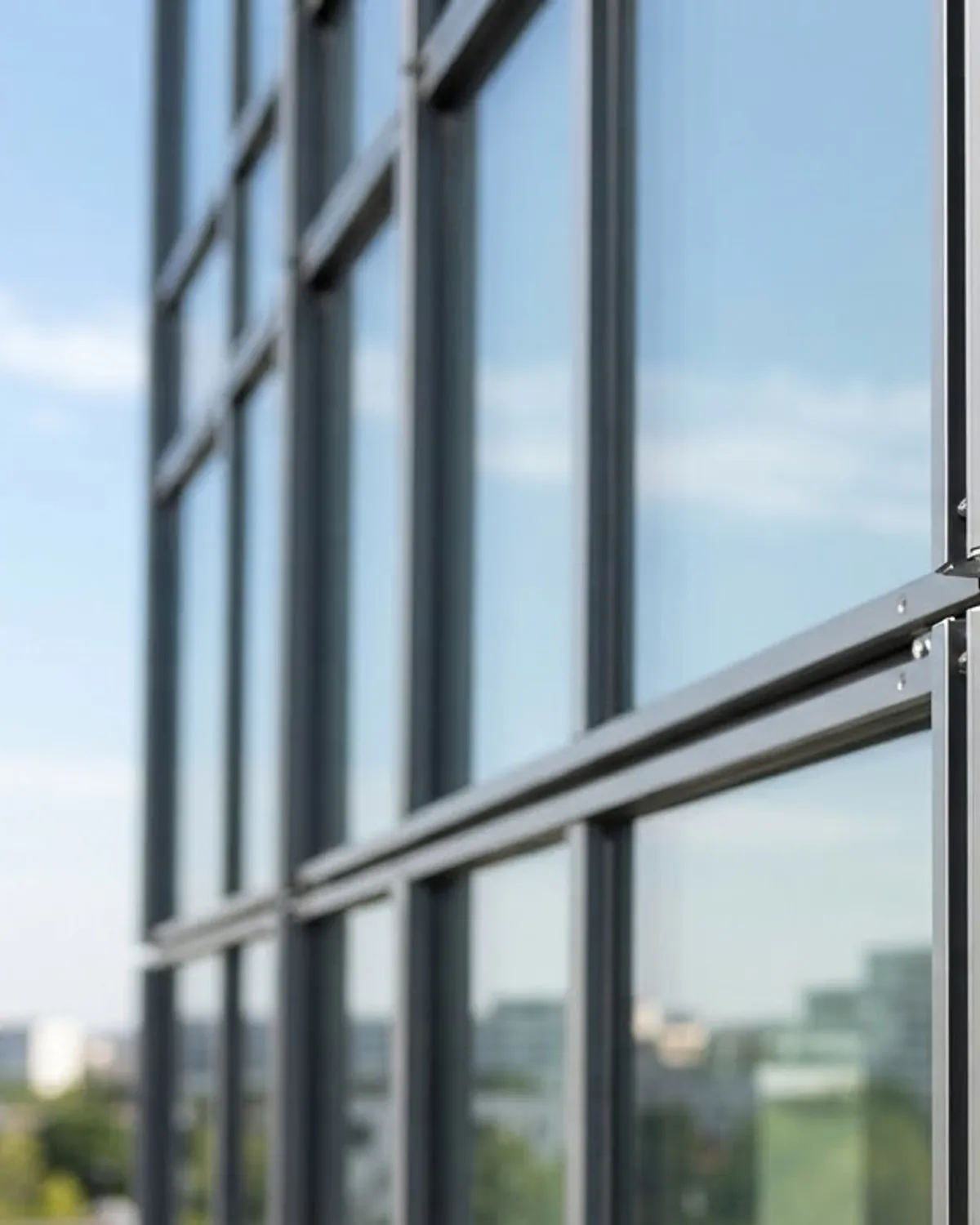 Curtain-wall mullion and transom junction seen from inside a glazed elevation.