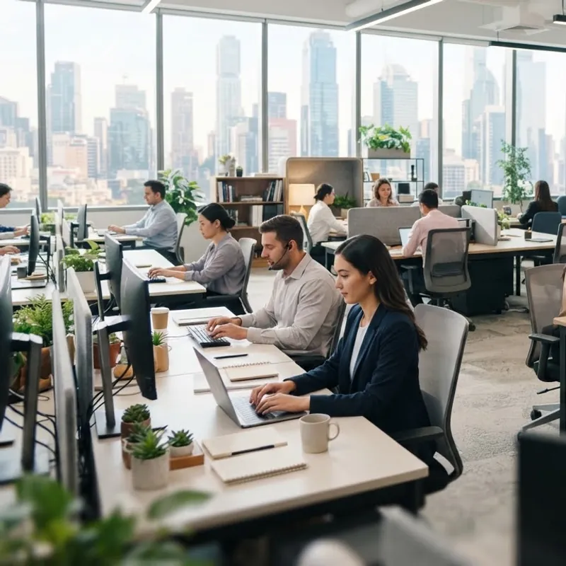 Open-plan office divided by full-height glazed partitions.