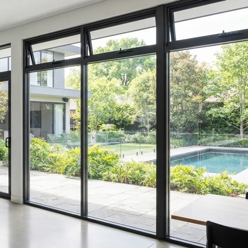 Living space opening onto a terrace through full-height sliding glazed units.