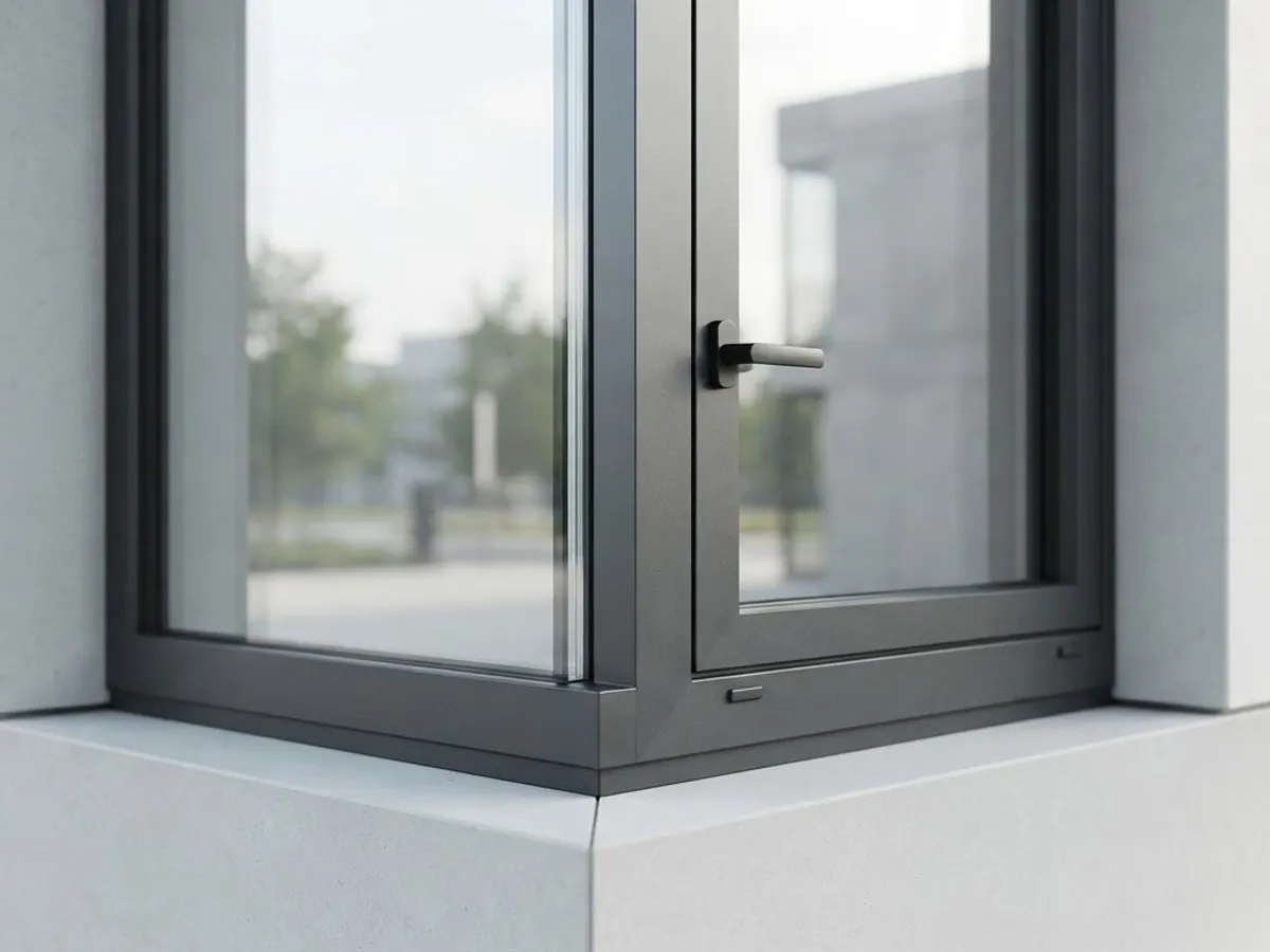 Detail of an aluminium window frame holding a glazed panel.