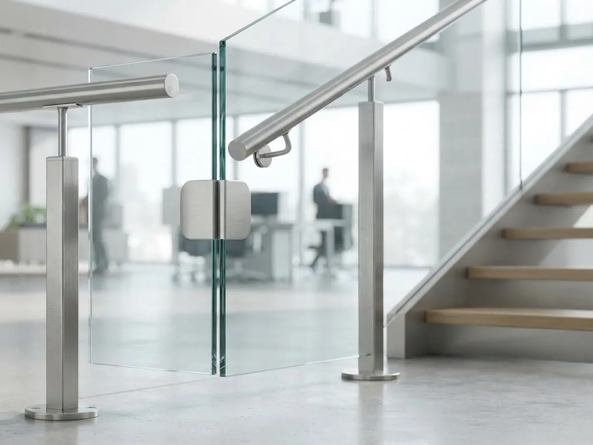 Glass balustrade panel held by stainless-steel fittings.
