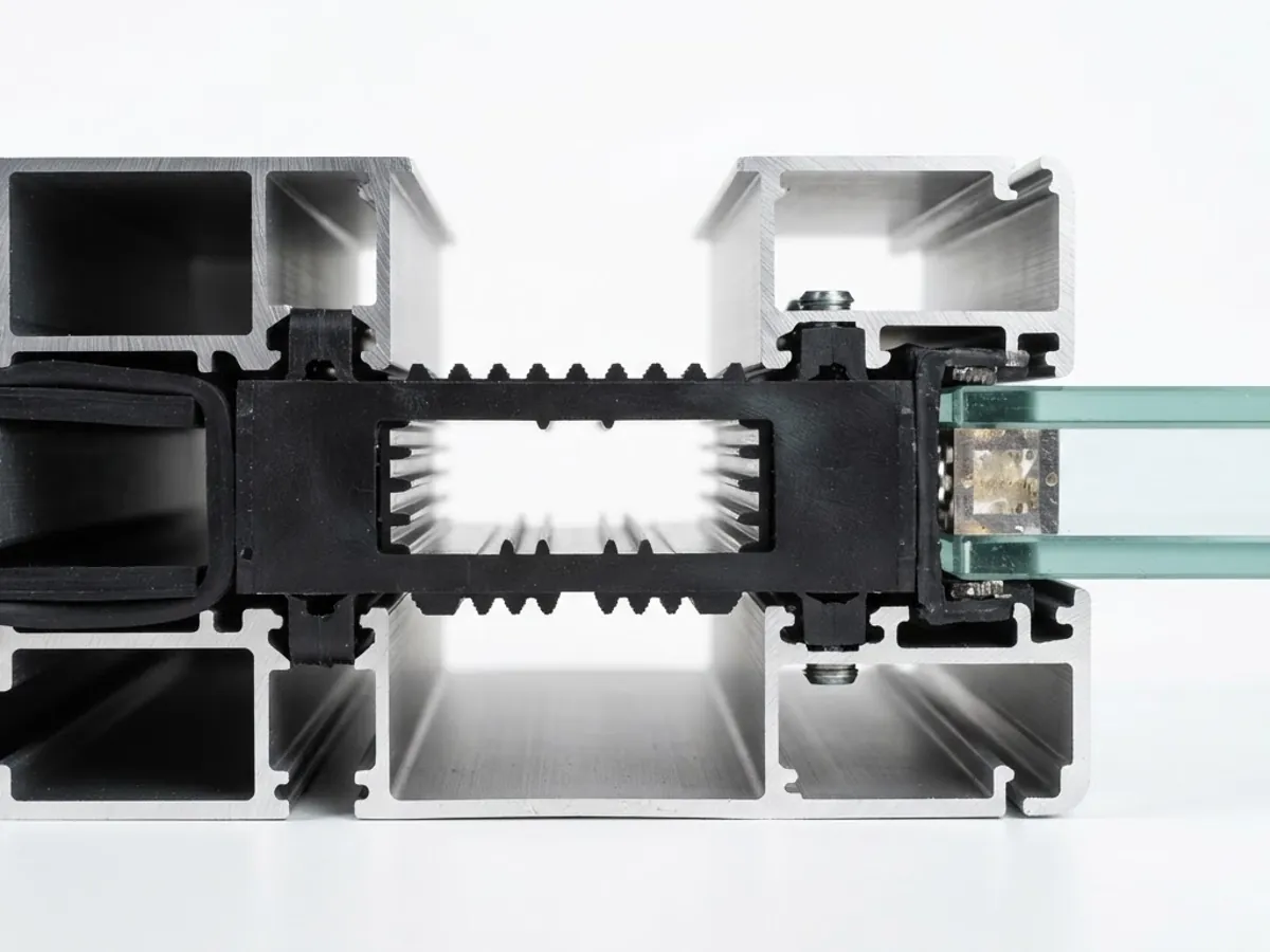 Cross-section through an aluminium profile, showing the internal chambers and the glazing rebate.