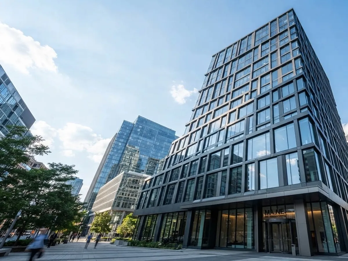 Commercial elevation combining reflective glazing with flat composite cladding panels.