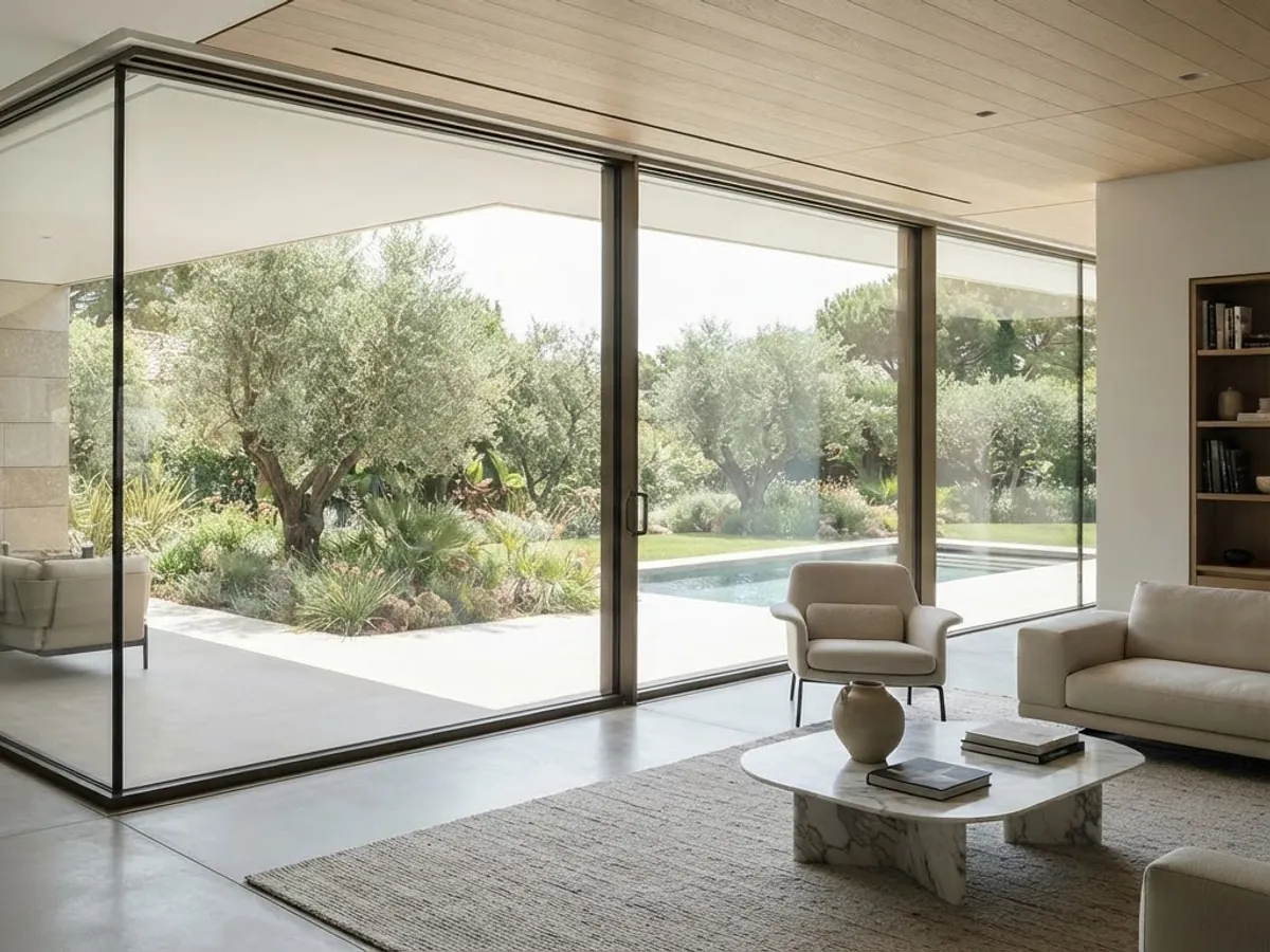 Interior view through a floor-to-ceiling glazed screen set in a slim aluminium frame.
