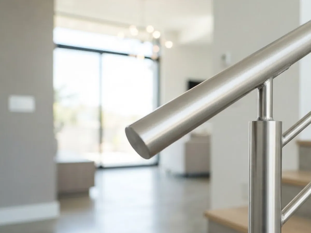 Brushed stainless-steel handrail running alongside a staircase in a bright interior.