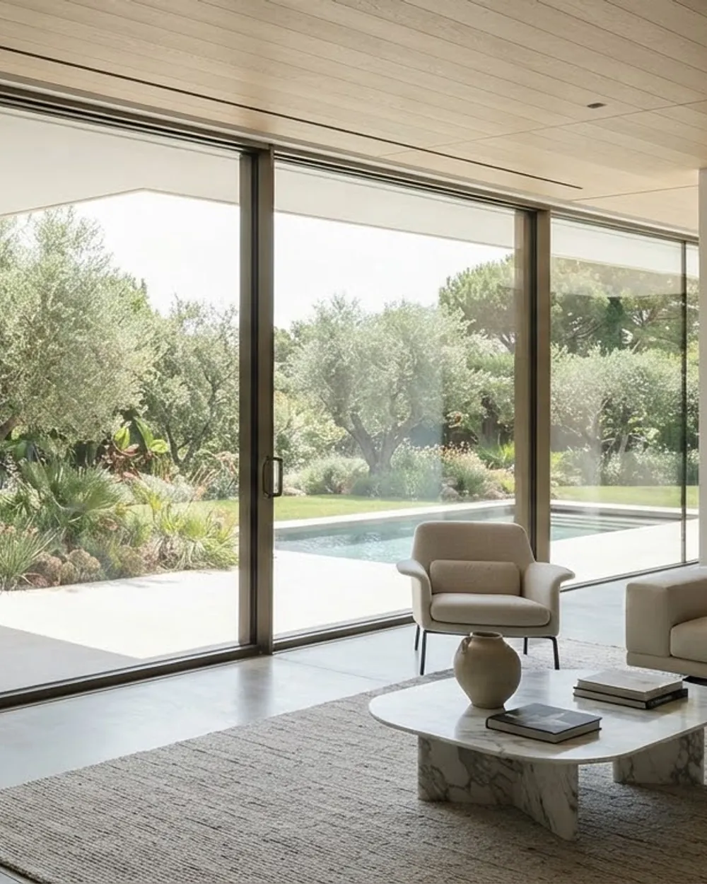 Full-height sliding aluminium units glazed into an interior opening onto a terrace.
