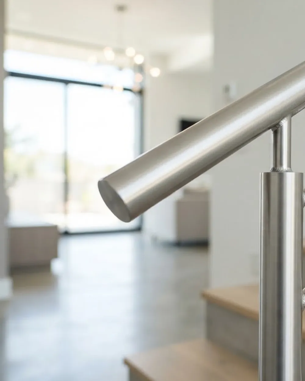 Brushed stainless-steel handrail following a flight of stairs.