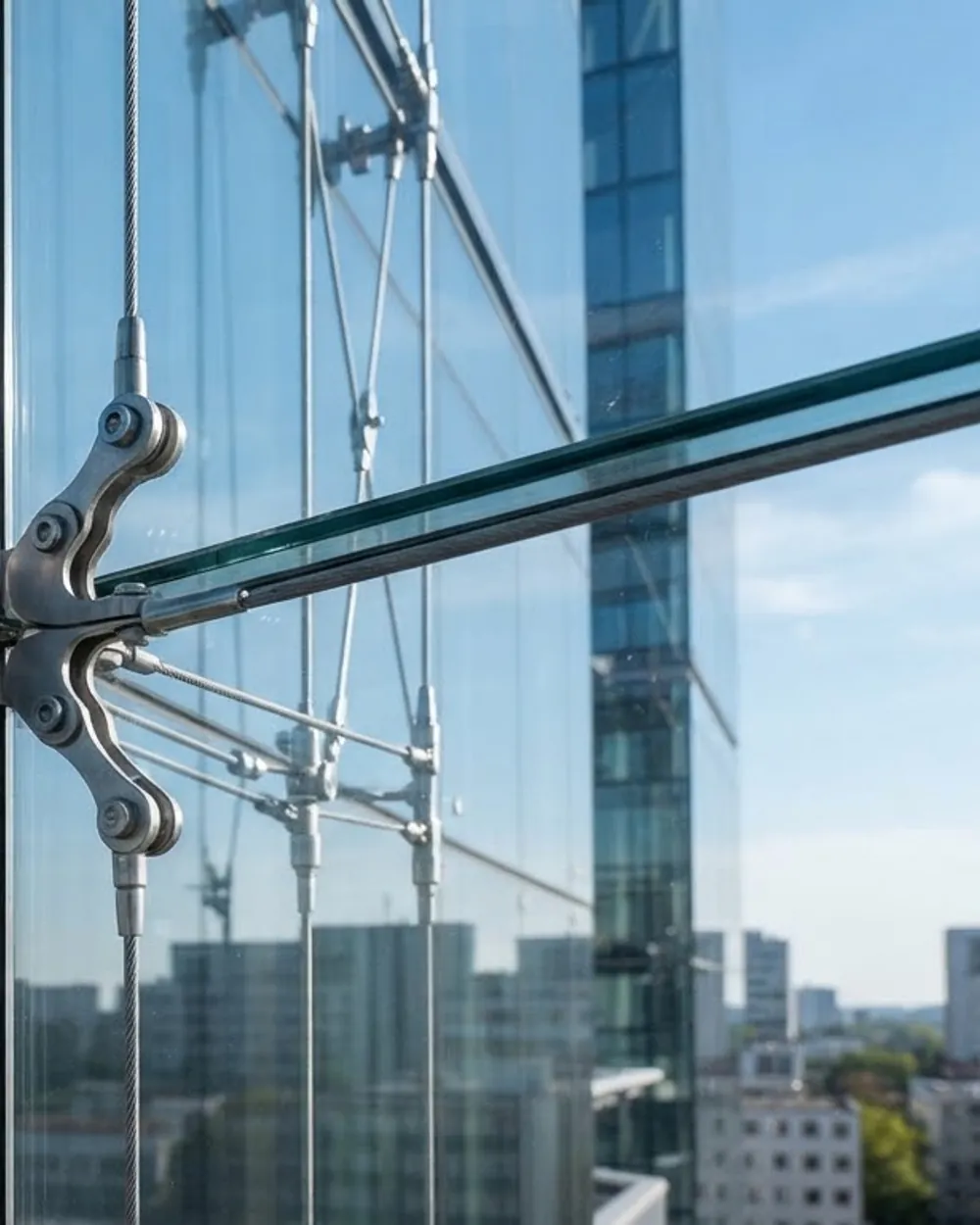 Structural glazing panels held by stainless-steel spider fittings against a clear sky.